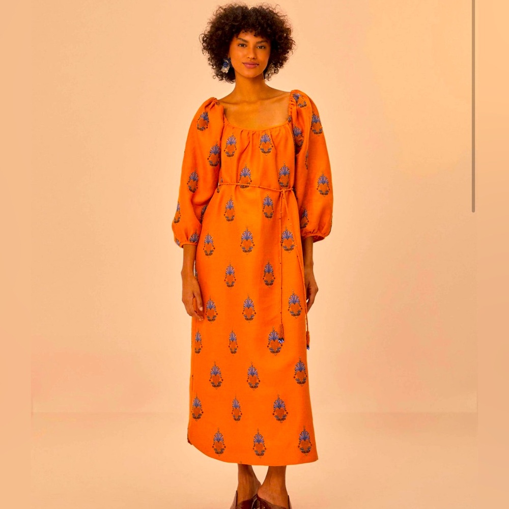 Farm Rio Yellow (orange)Embroidered Midi Dress